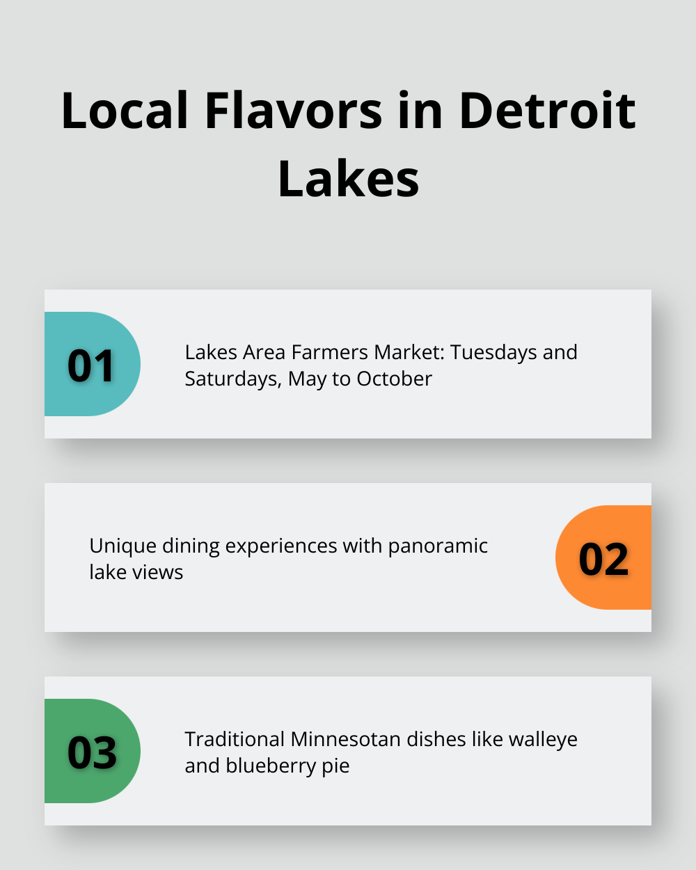 Infographic highlighting local food experiences in Detroit Lakes: Lakes Area Farmers Market, unique dining with lake views, and traditional Minnesotan dishes