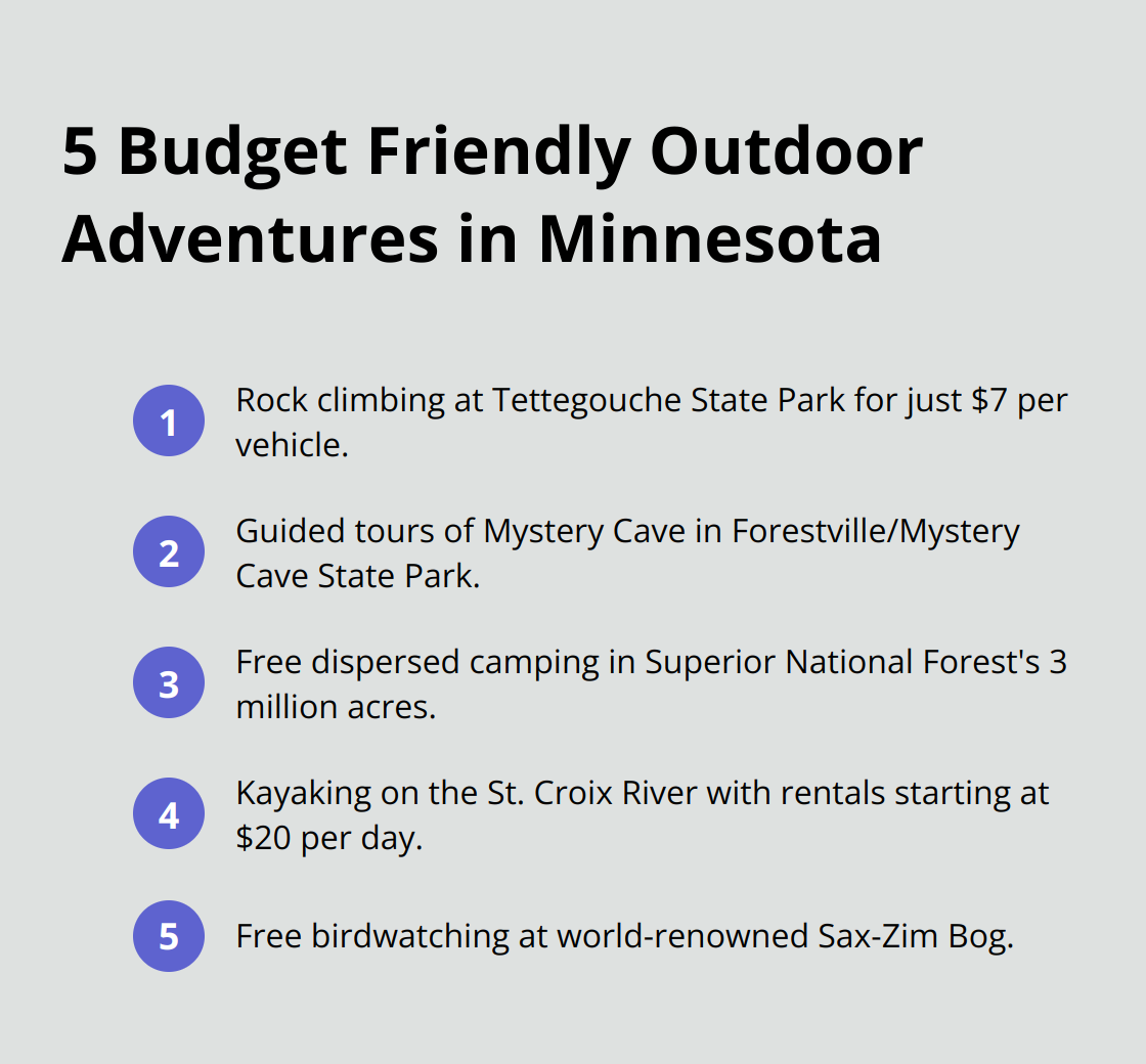 Ordered list of affordable outdoor activities in Minnesota, including rock climbing, cave exploration, wilderness camping, kayaking, and birdwatching. - cheap weekend getaways mn