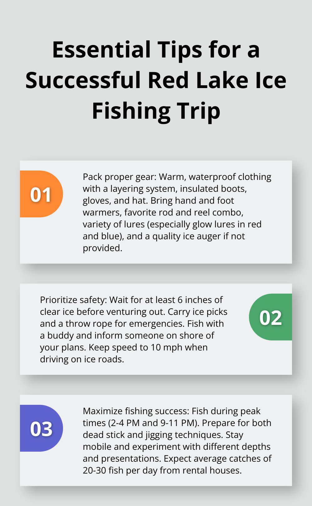 Ordered list chart showing three essential tips for a successful ice fishing trip on Red Lake: proper gear, safety precautions, and fishing techniques.
