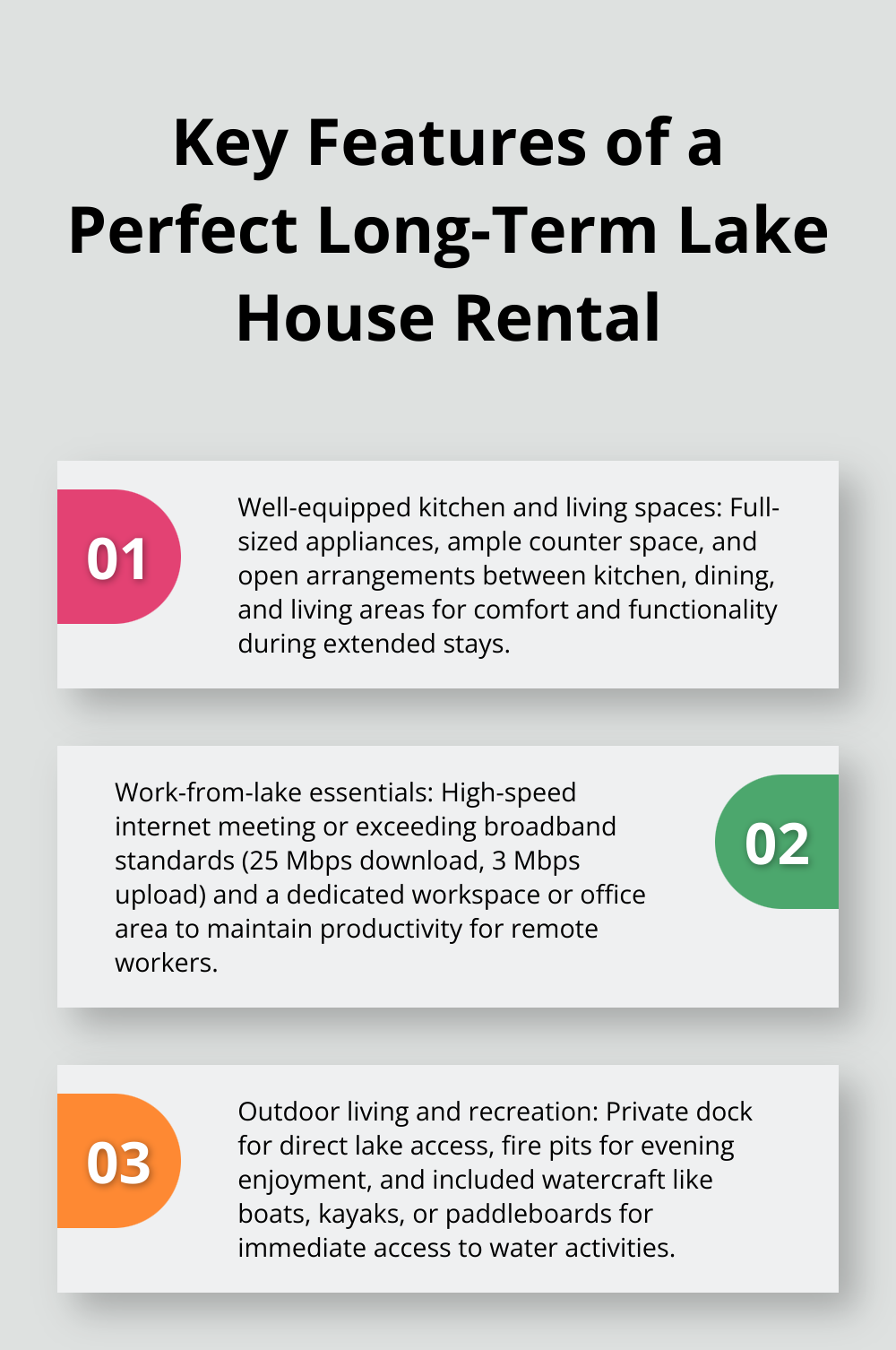 Ordered list chart presenting three key features of a perfect long-term lake house rental: well-equipped kitchen and living spaces, work-from-lake essentials, and outdoor living and recreation amenities - long term lake house rentals mn