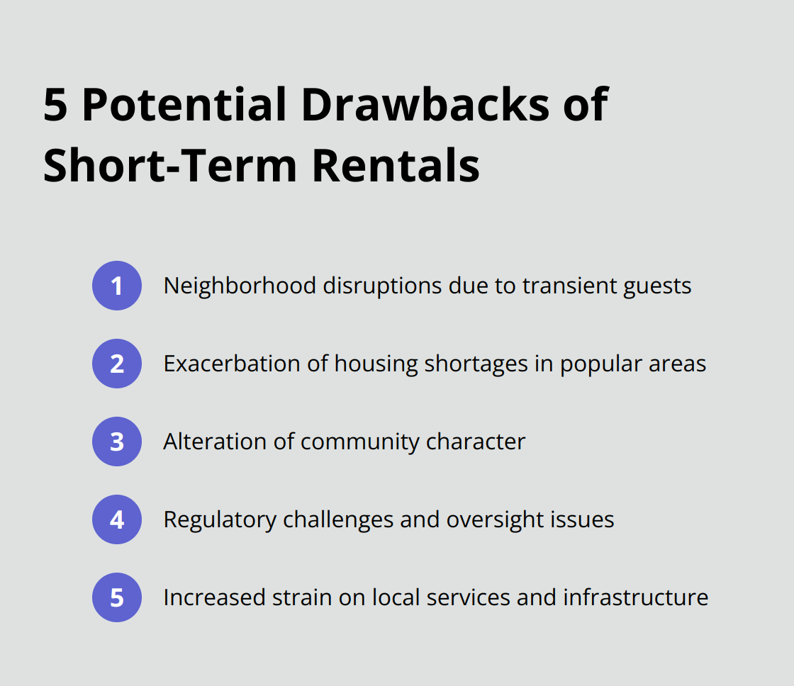 Ordered list of five potential drawbacks of short-term rentals: neighborhood disruptions, housing shortage woes, community character at risk, regulatory challenges, and strain on local services.
