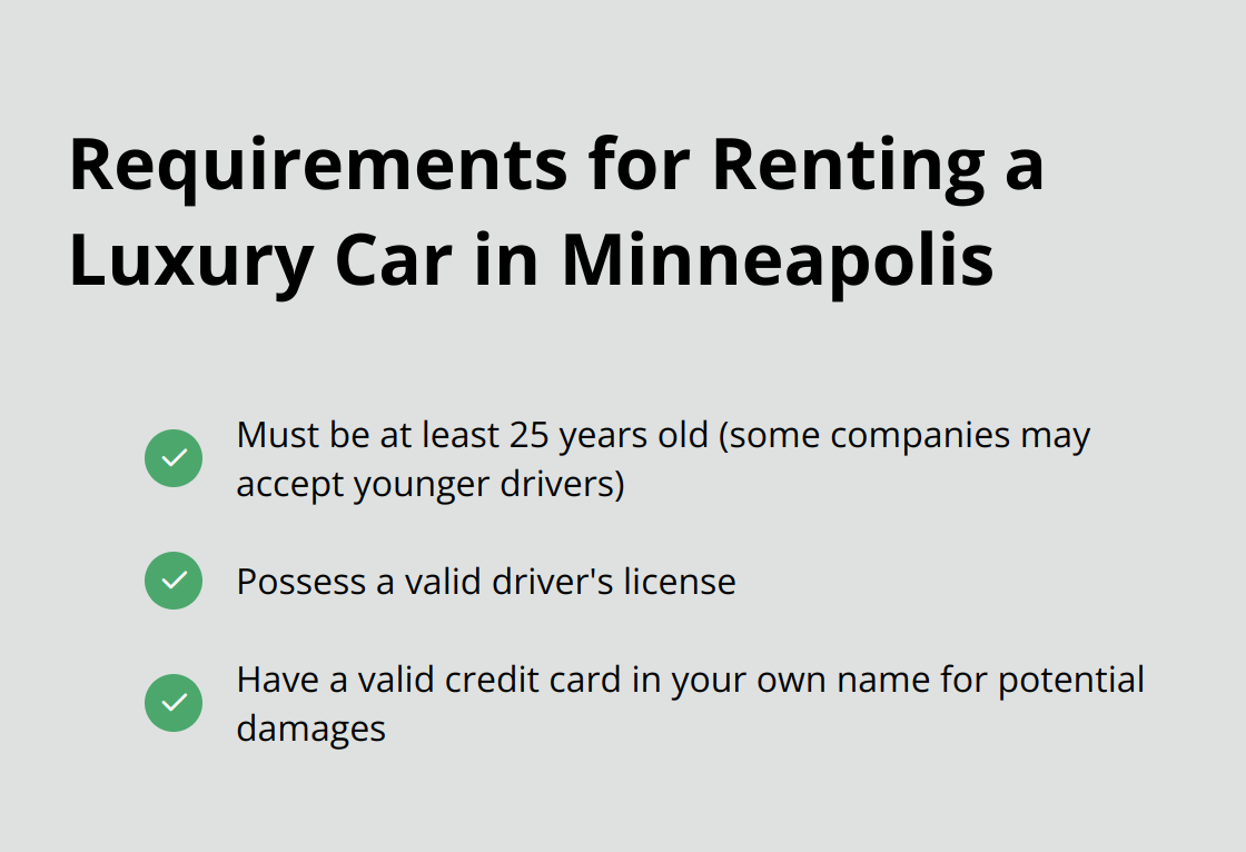 Checkmark list showing three main requirements for renting a luxury car in Minneapolis: minimum age of 25, valid driver's license, and valid credit card - luxury car rentals minneapolis mn