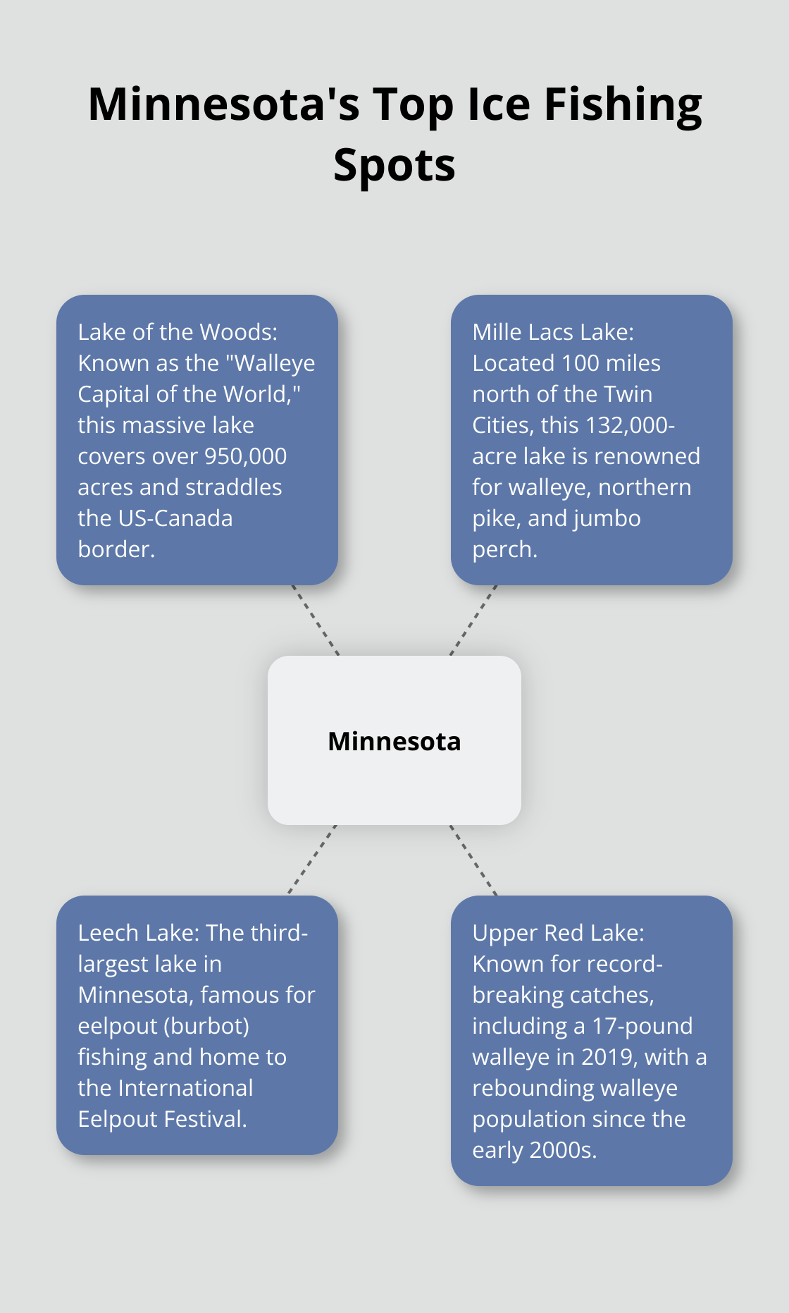 A hub and spoke chart showing Minnesota as the central hub with Lake of the Woods, Mille Lacs Lake, Leech Lake, and Upper Red Lake as the four spokes, representing the top ice fishing spots in the state. - ice fishing house rentals mn