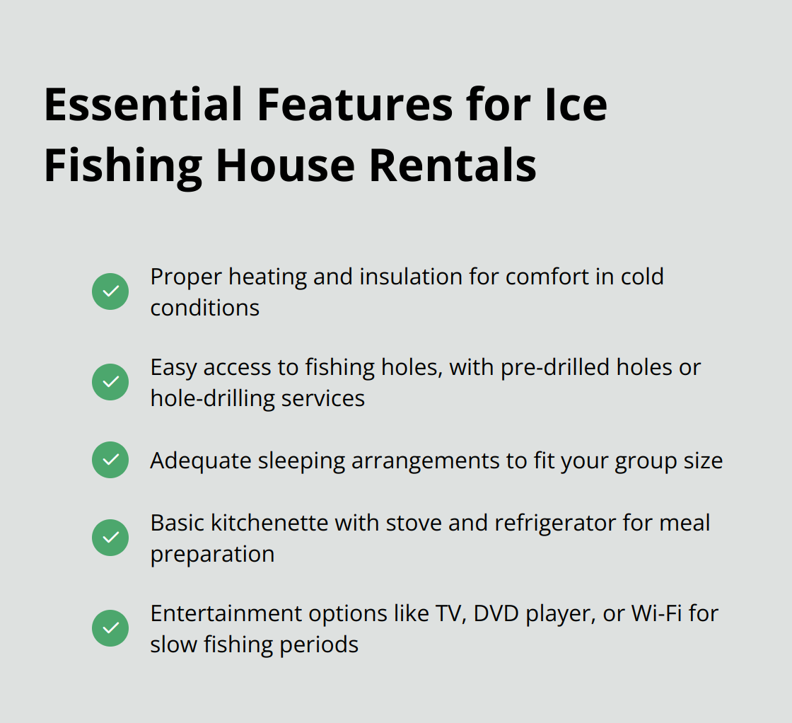 A checkmark list chart showing five essential features for ice fishing house rentals: Proper heating and insulation, Easy access to fishing holes, Adequate sleeping arrangements, Basic kitchenette, and Entertainment options. - ice fishing house rentals mn