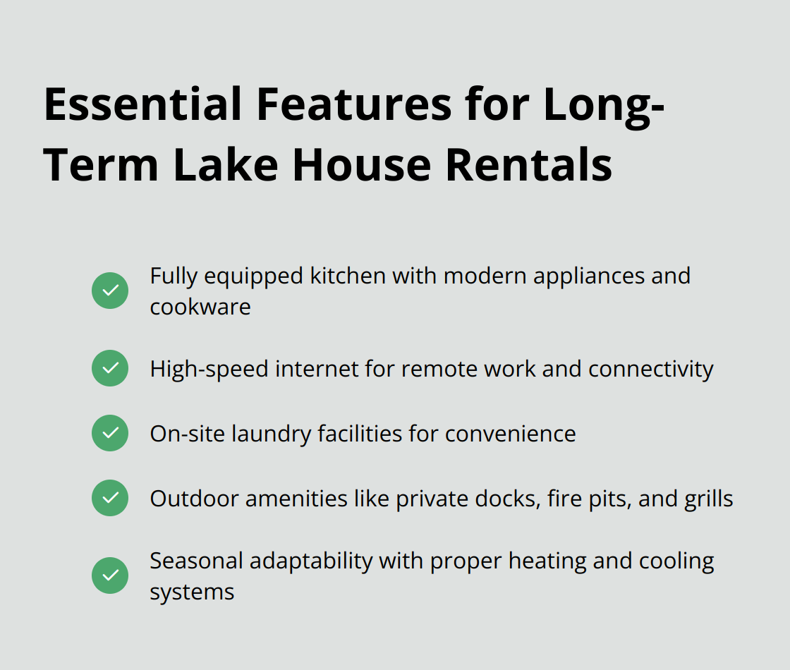 Checklist of essential features for long-term lake house rentals including fully equipped kitchen, high-speed internet, laundry facilities, outdoor amenities, and seasonal adaptability - long-term lake house rentals mn