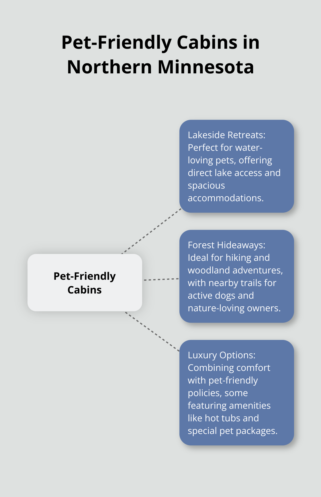 A hub and spoke chart showing different types of pet-friendly cabins in Northern Minnesota, including Lakeside Retreats, Forest Hideaways, and Luxury Options. - minnesota cabin rentals pet friendly