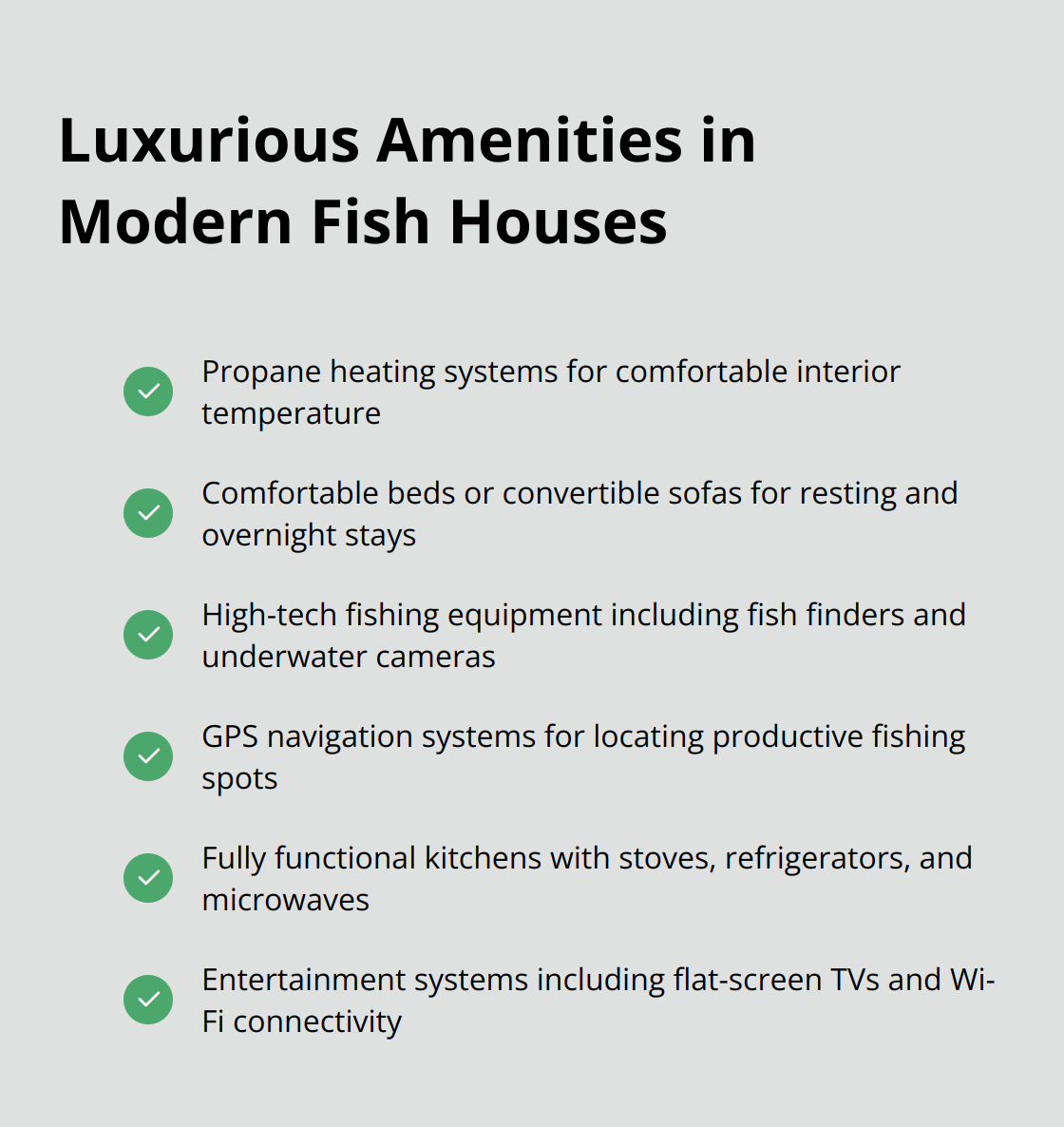 Checkmark list of luxurious amenities found in modern fish houses - mn fish house rentals