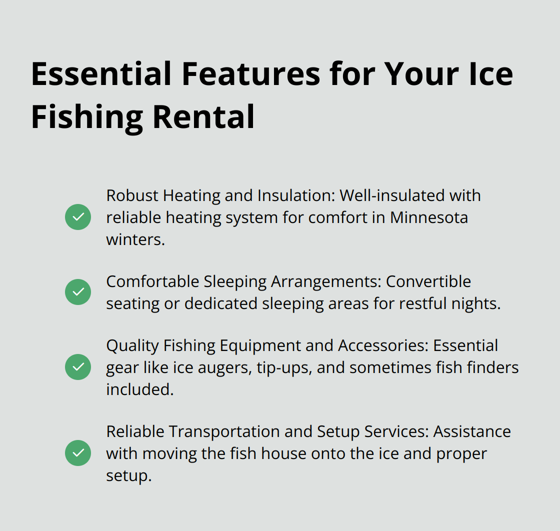 Checkmark list showing four essential features for an ice fishing rental: Robust Heating and Insulation, Comfortable Sleeping Arrangements, Quality Fishing Equipment and Accessories, and Reliable Transportation and Setup Services - mn fish house rentals