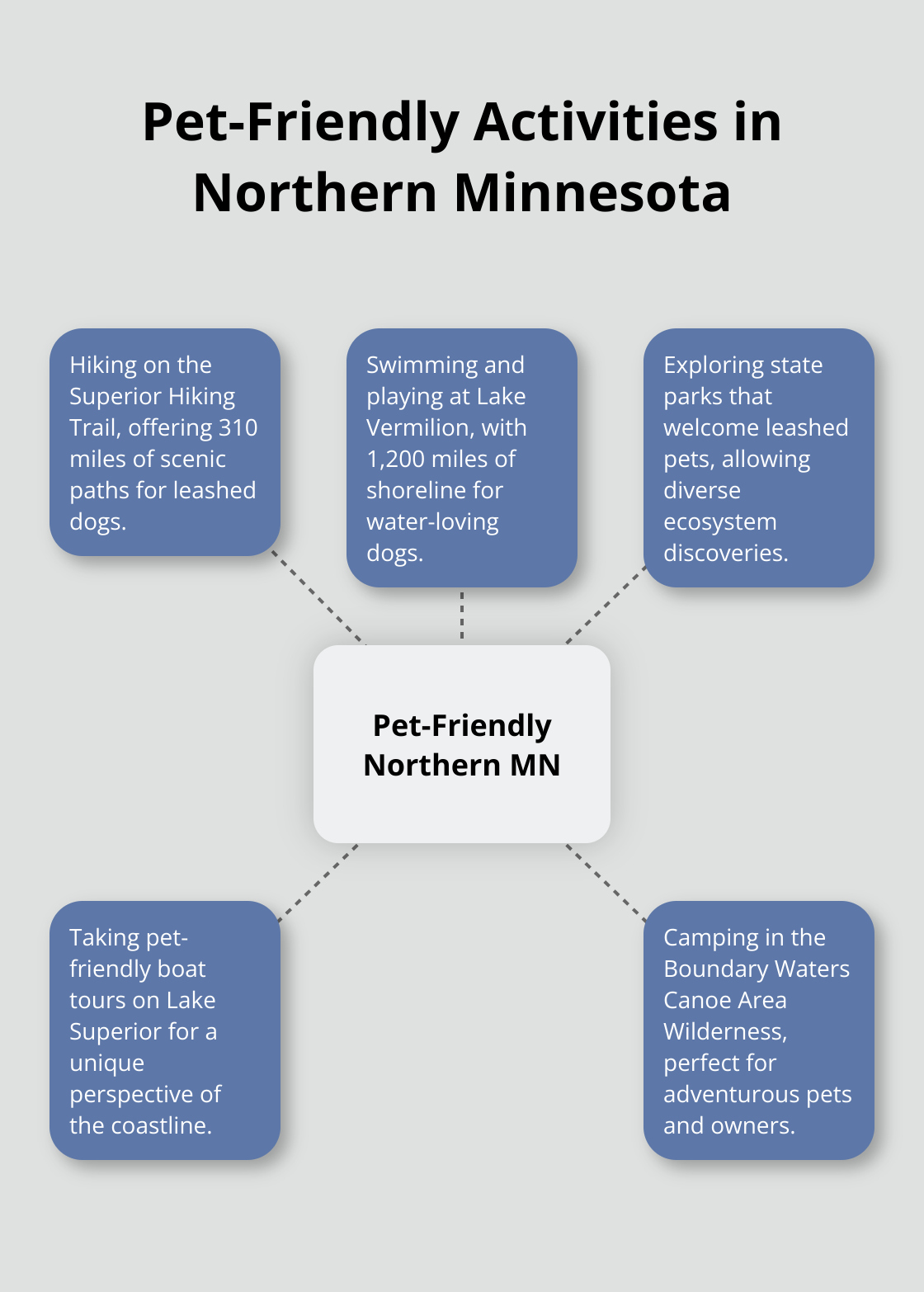 Hub and spoke chart showing various pet-friendly activities in Northern Minnesota - northern minnesota cabin rentals pet friendly