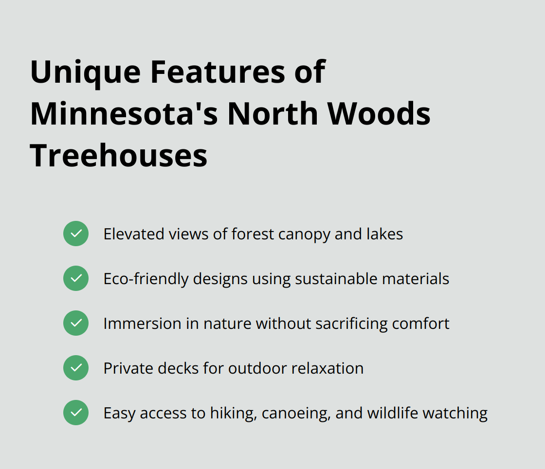 Checkmark list showcasing unique features of treehouses in Minnesota's North Woods, including elevated views, eco-friendly designs, immersion in nature, private decks, and easy access to outdoor activities.