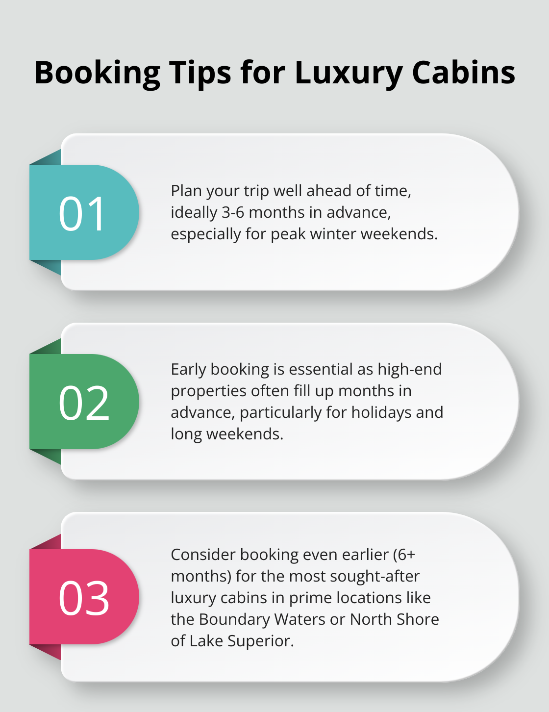 Ordered list chart showing three key tips for booking luxury cabins in Minnesota