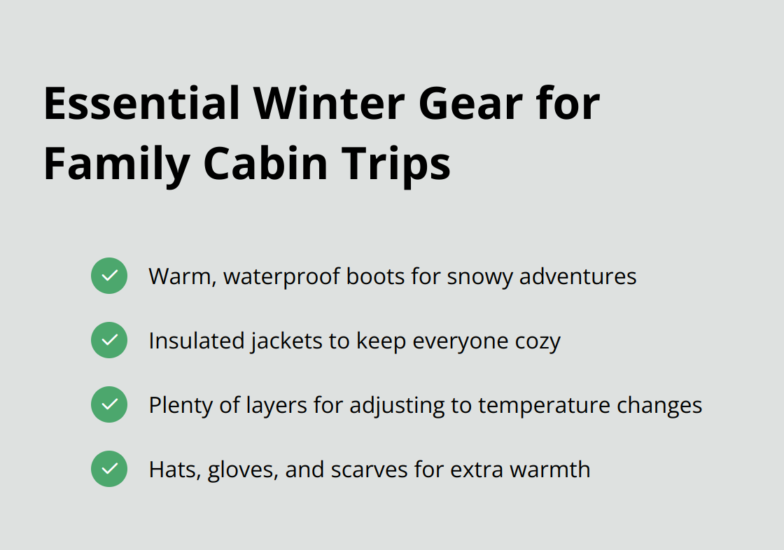 Checkmark list of essential winter gear items for family cabin trips in Minnesota - best winter cabins minnesota