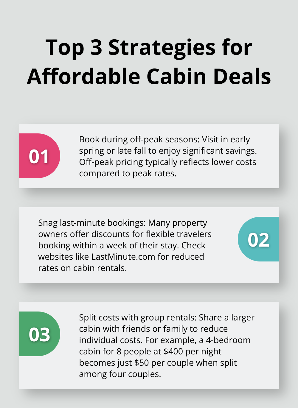 Ordered list chart presenting three key strategies for finding affordable cabin deals in Minnesota: booking during off-peak seasons, snagging last-minute bookings, and splitting costs with group rentals. - cheap cabins for rent in minnesota
