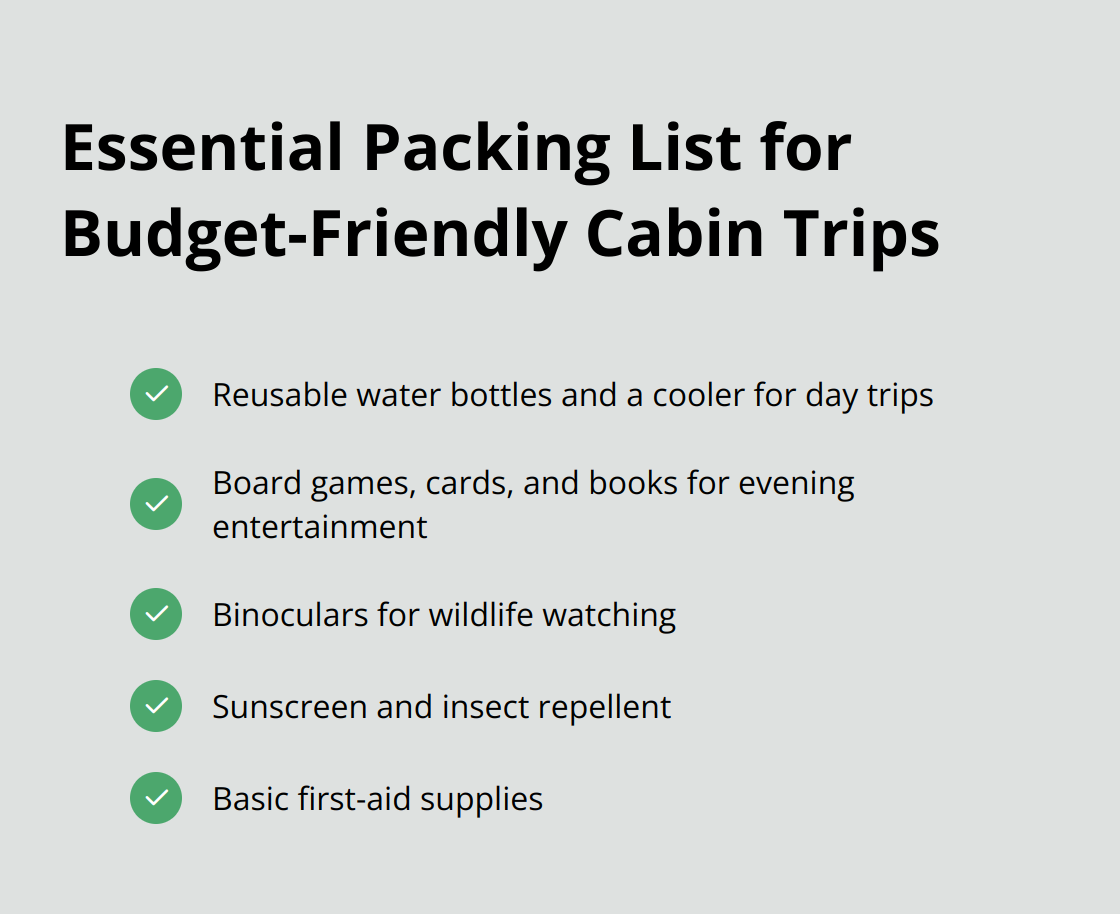 Checkmark list chart showing essential items to pack for a budget-friendly cabin experience in Minnesota, including reusable water bottles, board games, binoculars, sunscreen, and first-aid supplies. - cheap cabins for rent in minnesota