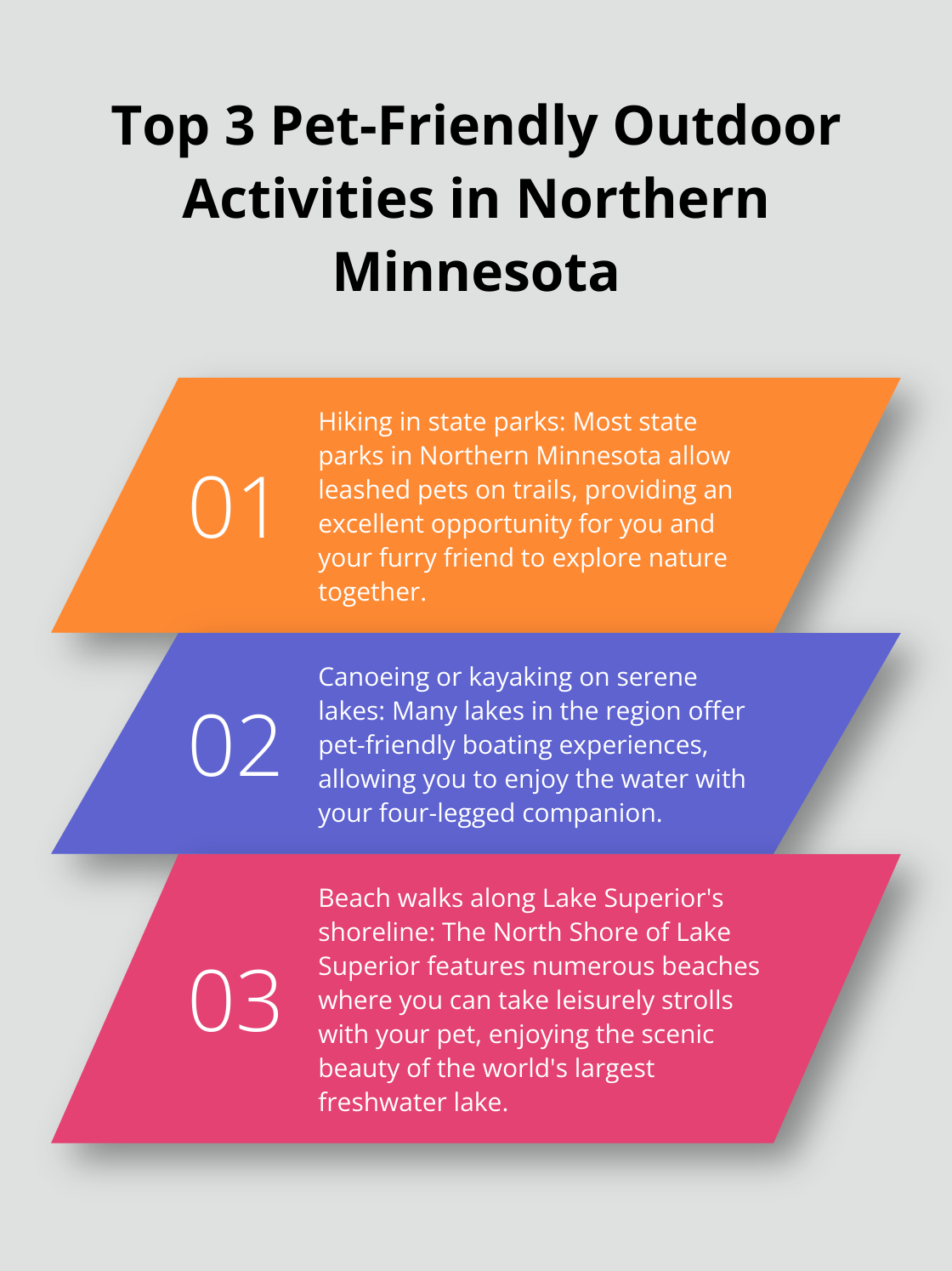 Infographic showing three popular outdoor activities for pets in Northern Minnesota: hiking in state parks, canoeing or kayaking on lakes, and beach walks along Lake Superior's shoreline. - minnesota cabins for rent pet friendly
