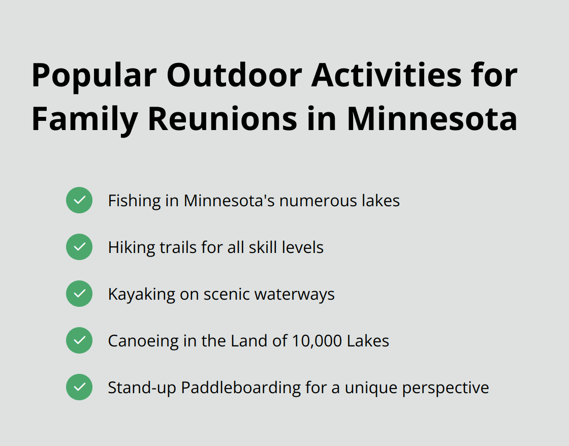 Checkmark list of popular outdoor activities for family reunions in Minnesota: Fishing, Hiking, Kayaking, Canoeing, and Stand-up Paddleboarding. - minnesota family reunion cabins