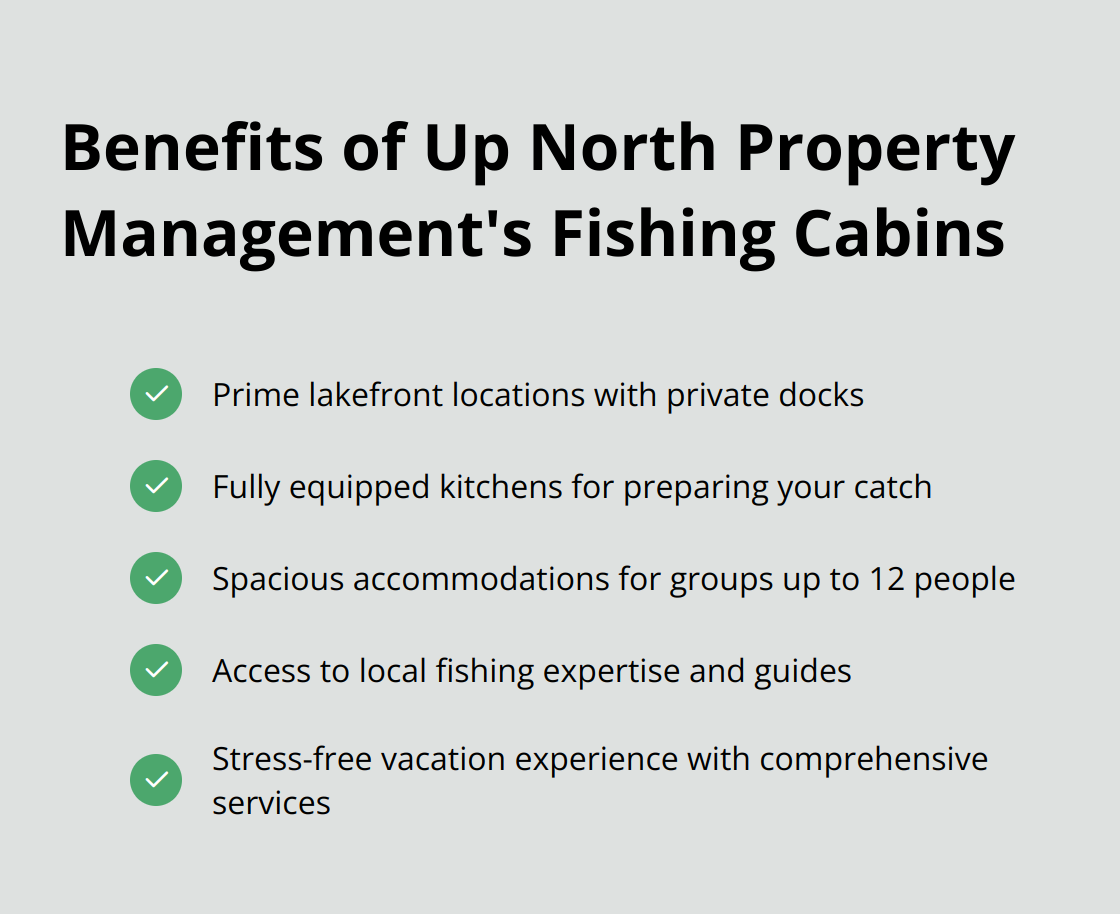 Checkmark list showing the benefits of Up North Property Management's fishing cabins: prime locations, fully equipped kitchens, spacious accommodations, local expertise access, and stress-free experience - minnesota fishing cabins for rent