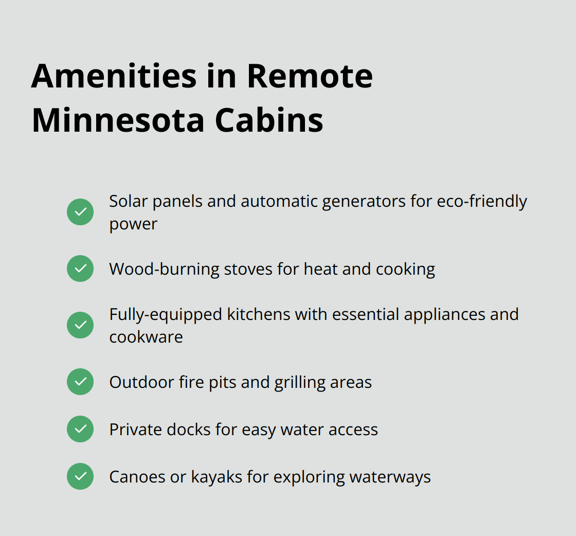 Checkmark list of amenities offered in remote Minnesota cabins, including off-grid living features, kitchen facilities, and water activity equipment - remote cabins for rent minnesota