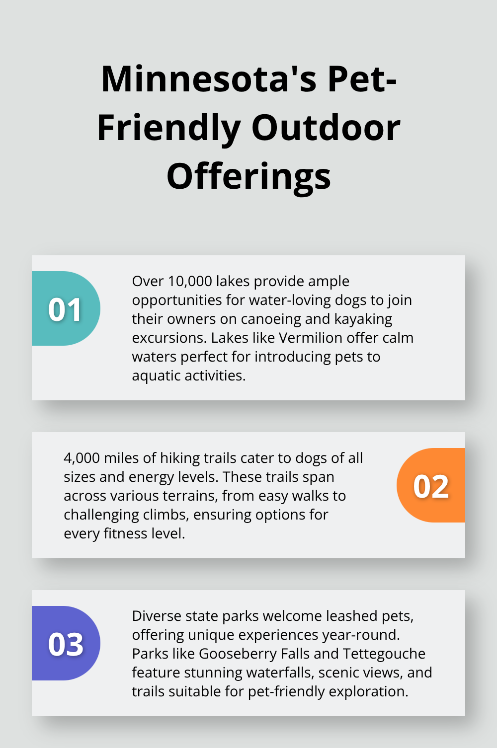 Ordered list chart showing three key outdoor features in Minnesota for pet-friendly adventures: over 10,000 lakes, 4,000 miles of hiking trails, and diverse state parks - pet-friendly cabins in minnesota