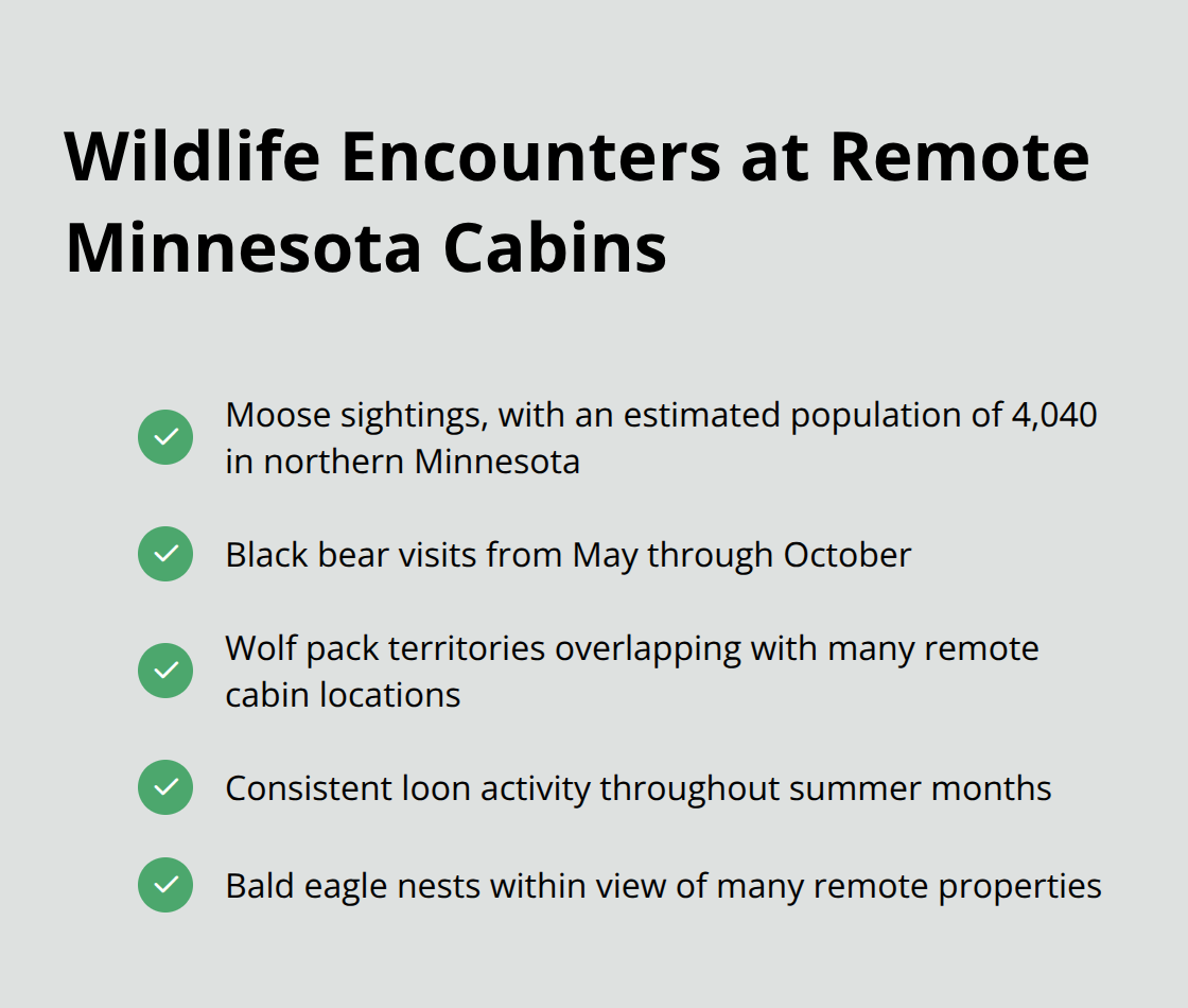 Checkmark list chart showing common wildlife encounters at remote Minnesota cabins: moose, black bears, wolf packs, loons, and bald eagles. - remote cabins for rent in minnesota