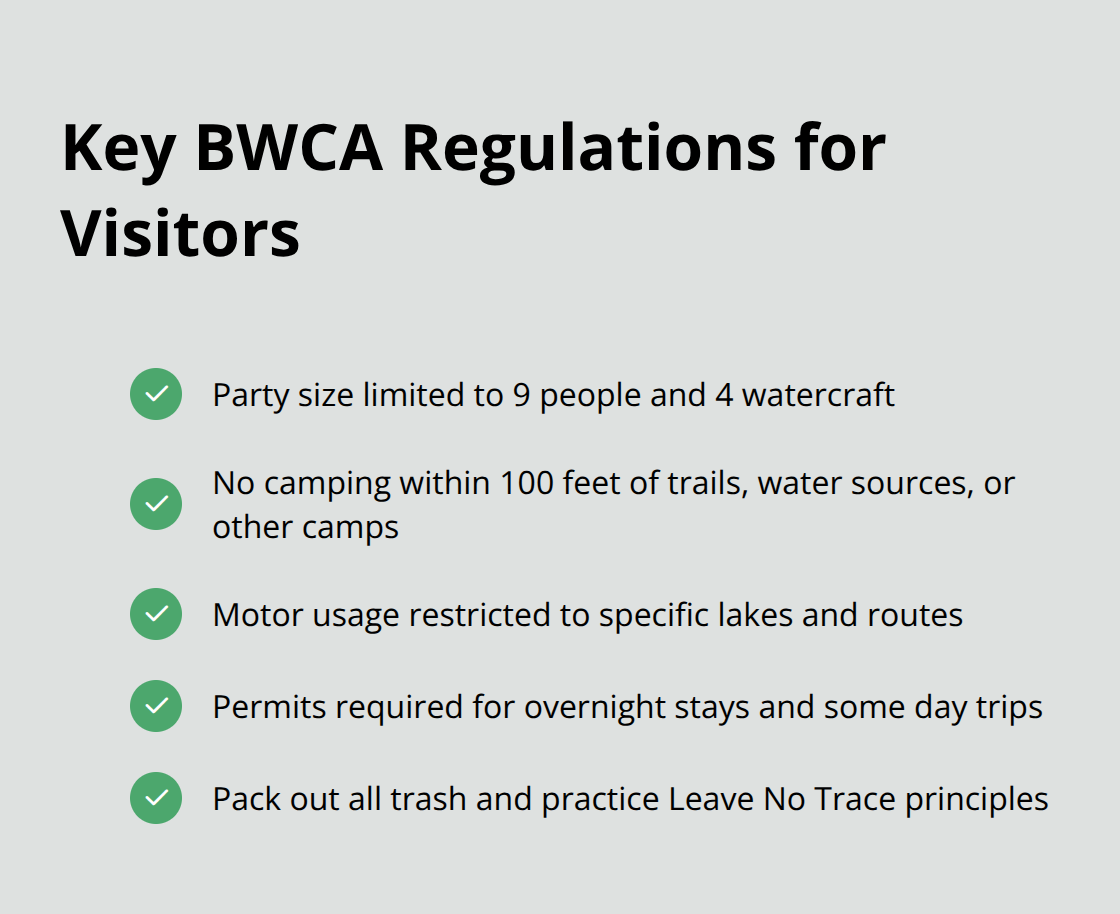 Checklist of important Boundary Waters Canoe Area regulations including party size limit, camping restrictions, and motor usage rules