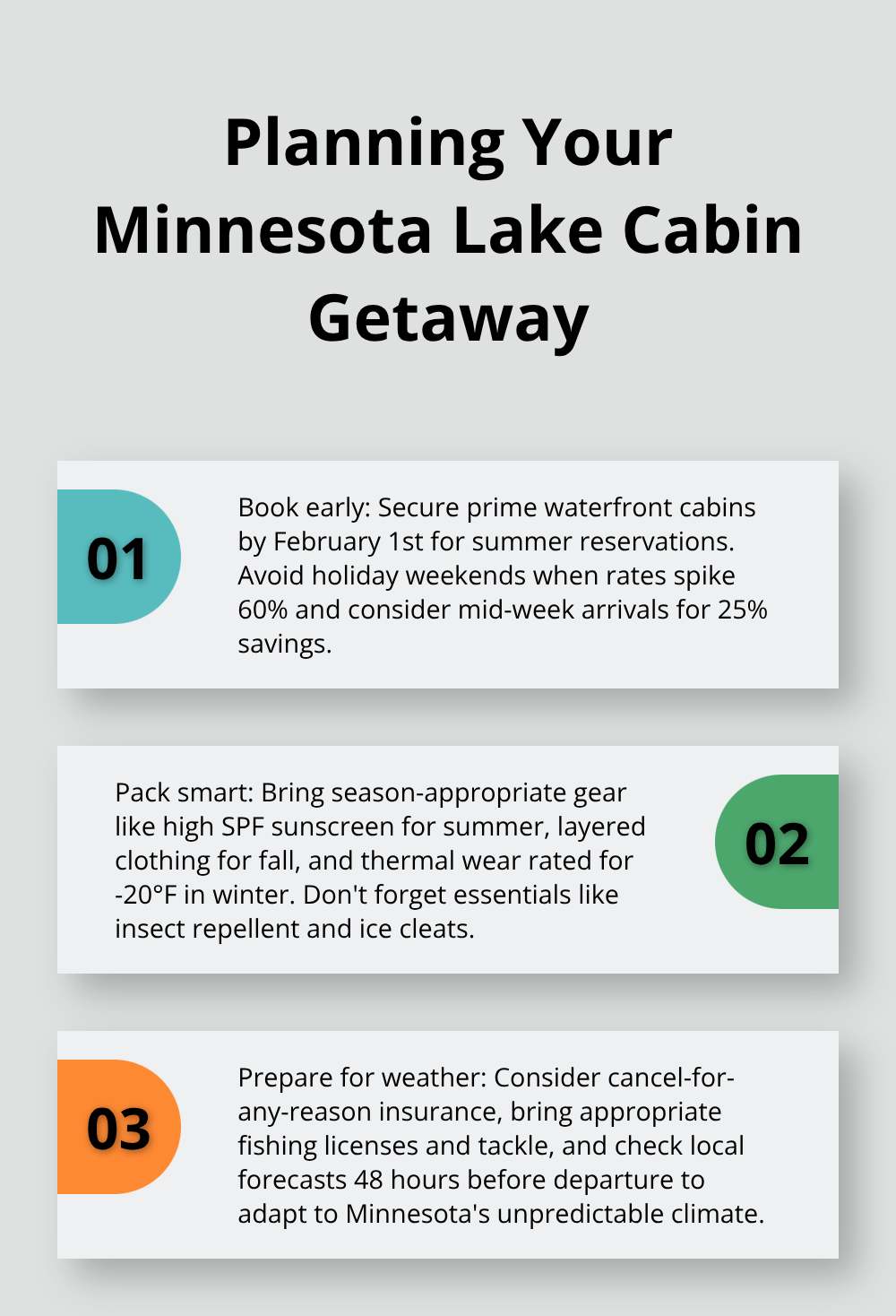 An ordered list chart presenting key tips for planning a Minnesota lake cabin getaway