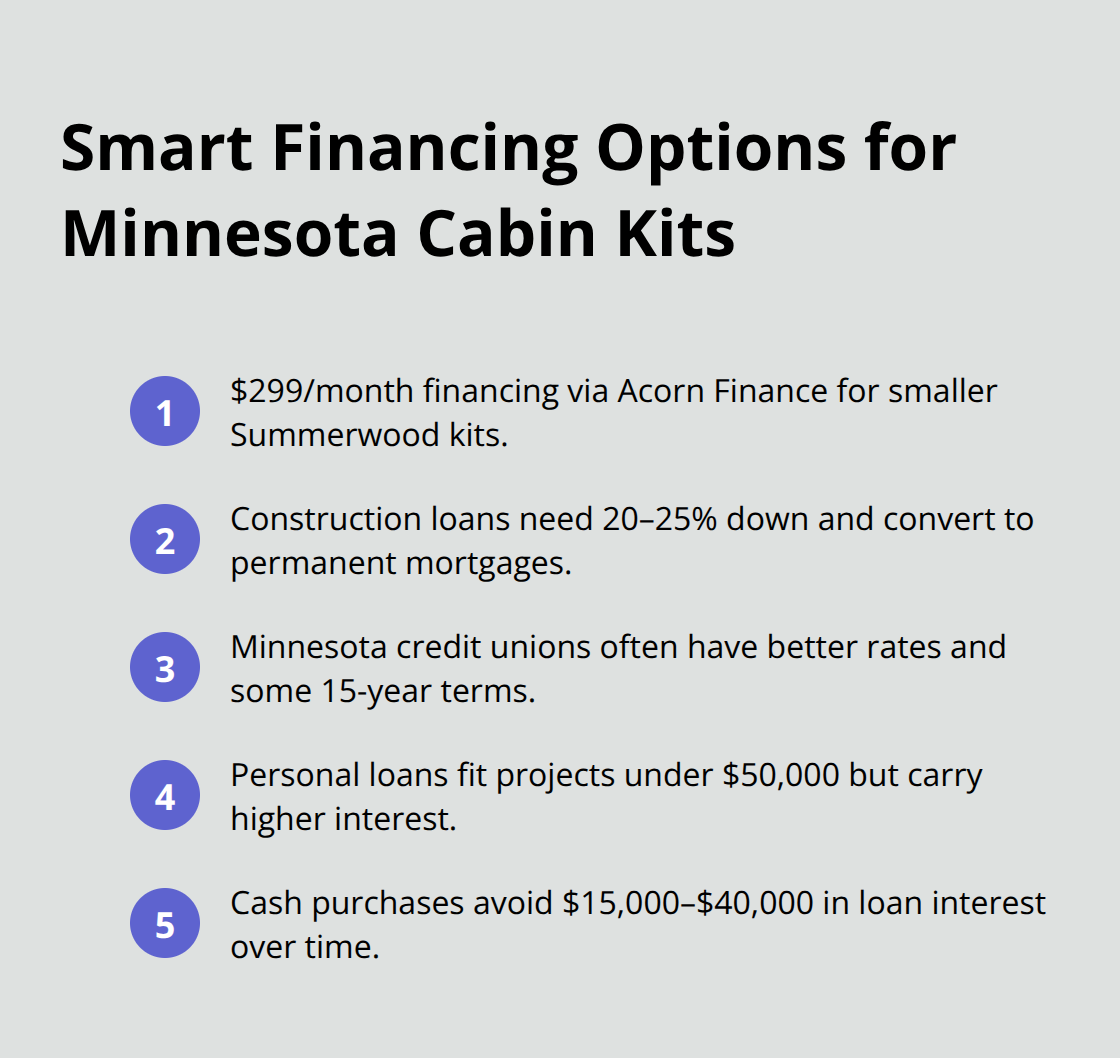 Compact list of five financing strategies for Minnesota cabin kits