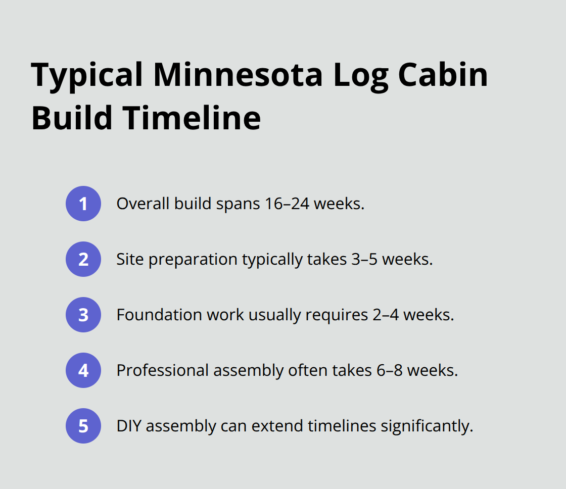Compact timeline of key Minnesota log cabin construction phases and durations - mn log cabin kits