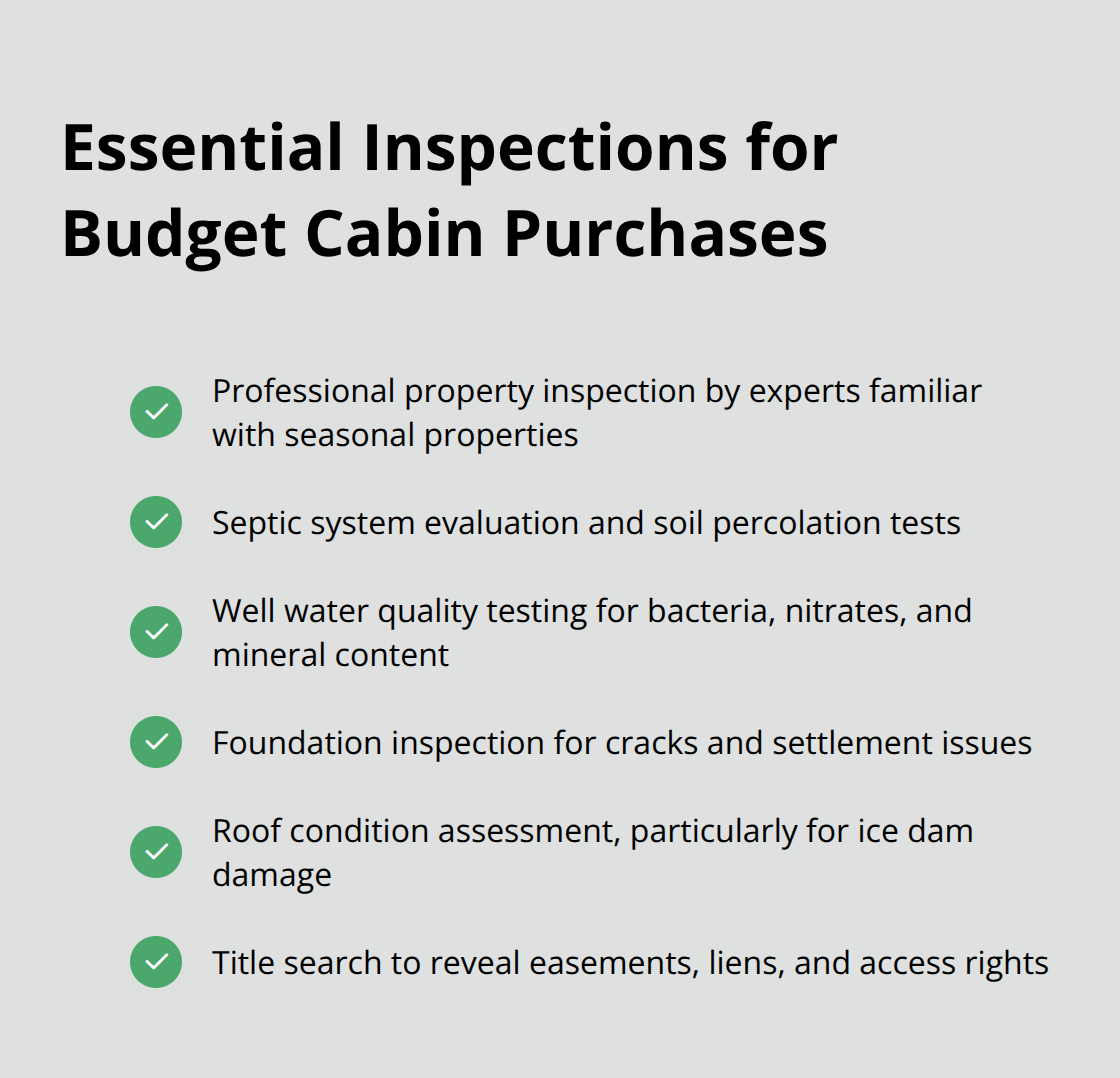 Checkmark list chart showing six essential inspections and due diligence steps for budget cabin purchases in Minnesota - small cabin for sale under $50000 mn