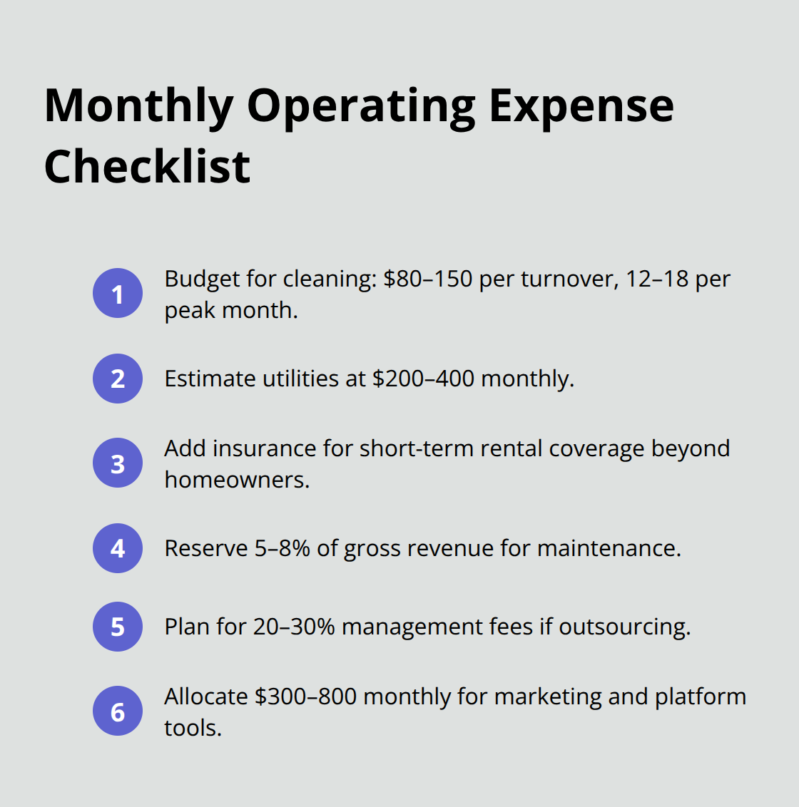 Compact list of common monthly operating expenses for vacation rentals
