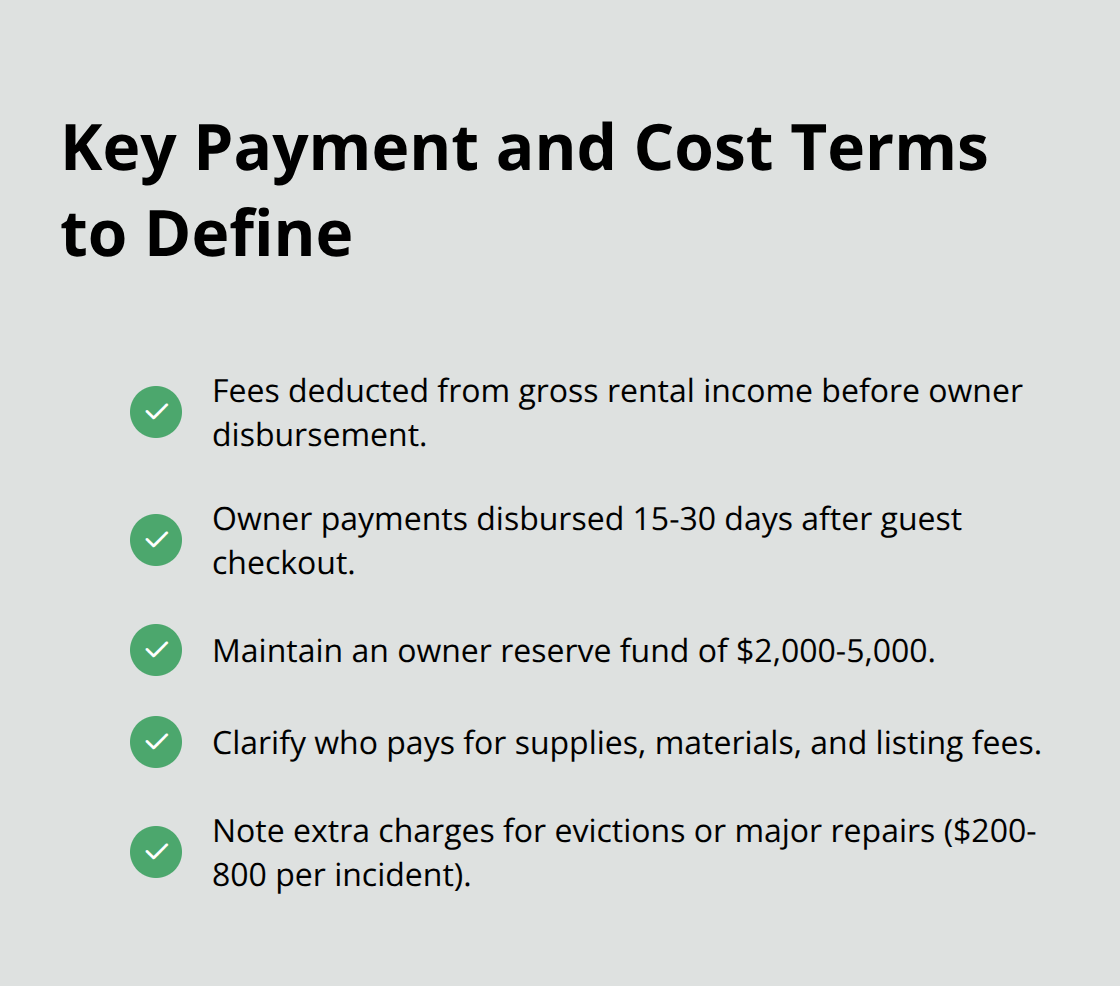 Checklist of essential payment structures and cost responsibilities in U.S. vacation rental agreements. - vacation home property management agreement