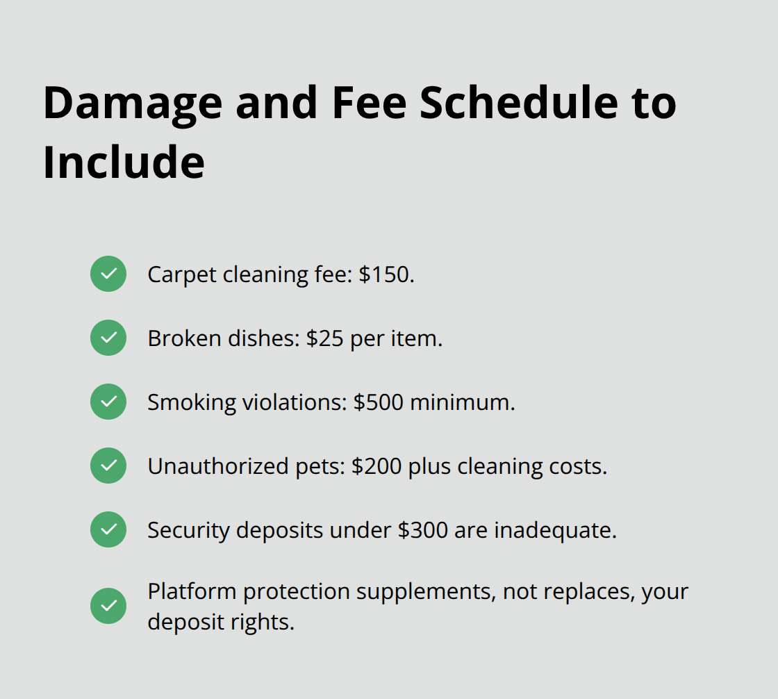 Checkmarked list of recommended vacation rental fees and deposit guidance in the U.S.