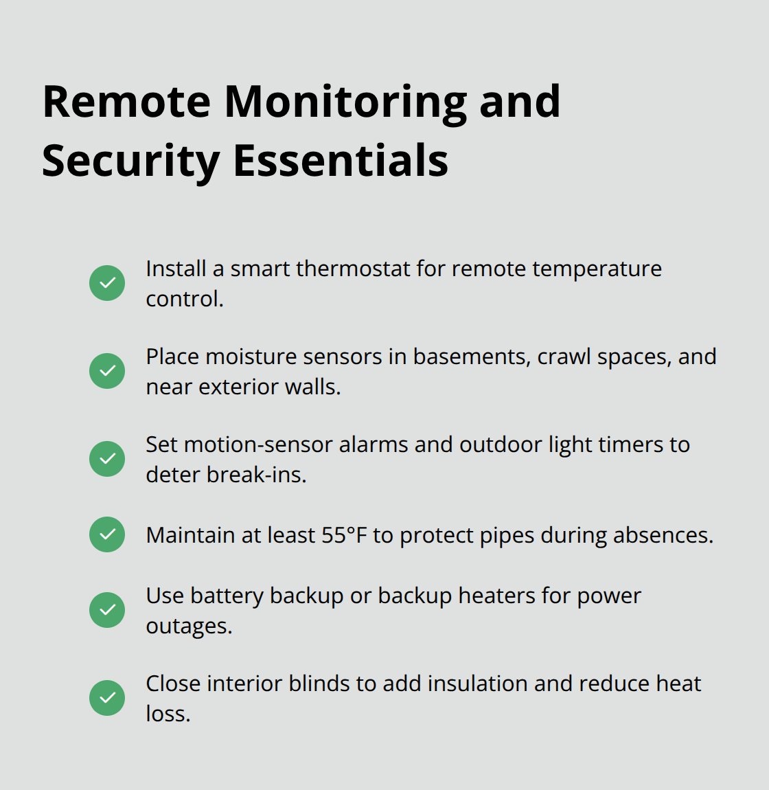 Checkmark list of monitoring, temperature, and security steps for an unoccupied winter cabin - cabin winterization