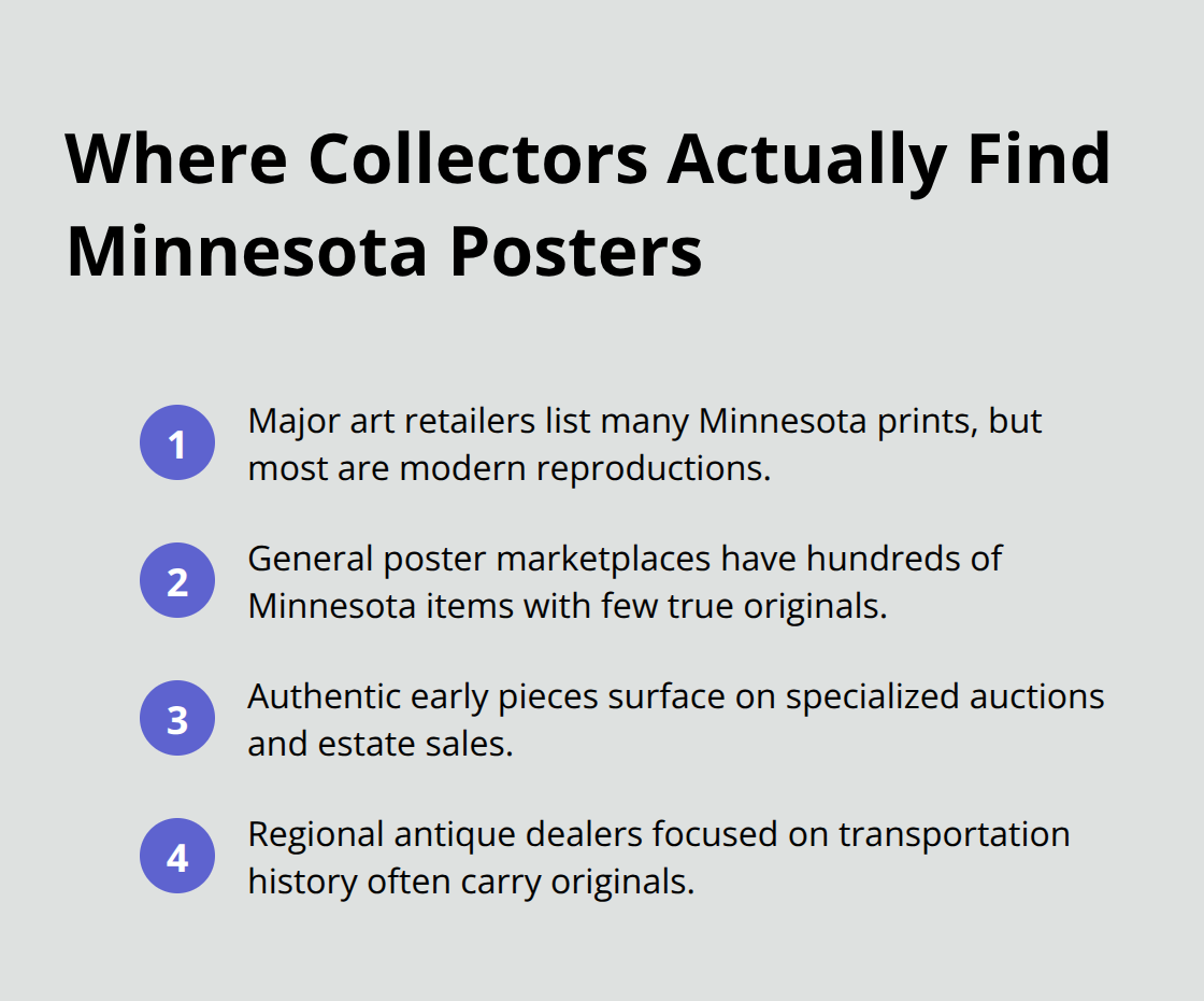 Compact list of sourcing channels for authentic Minnesota travel posters and common reproduction sources.
