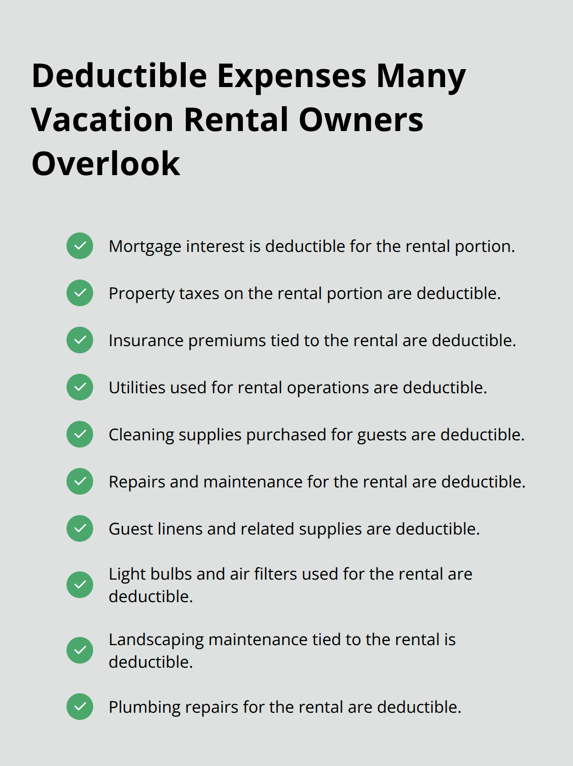 Checkmark list of common deductible expenses for Minnesota vacation rentals. - property taxes