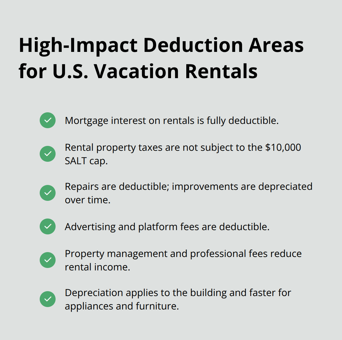 Checklist of deductible expense areas that reduce taxable rental income on Schedule E - vacation rental property tax deductions