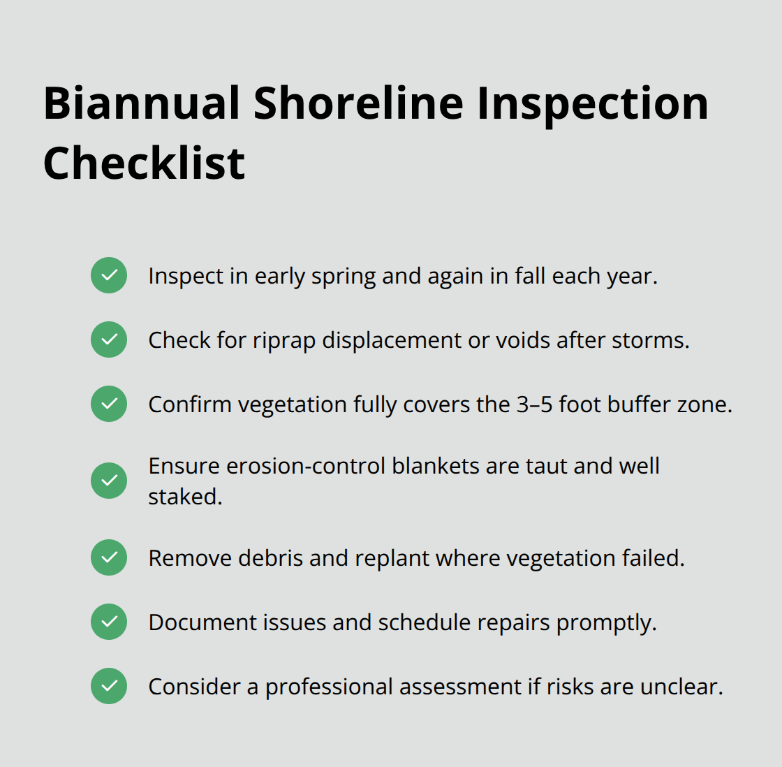 Checklist of key tasks for spring and fall shoreline inspections to prevent erosion. - lake erosion