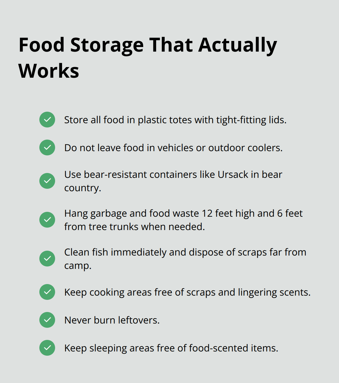 Checklist of proven food storage steps to prevent wildlife from approaching camps and rentals. - lake wildlife