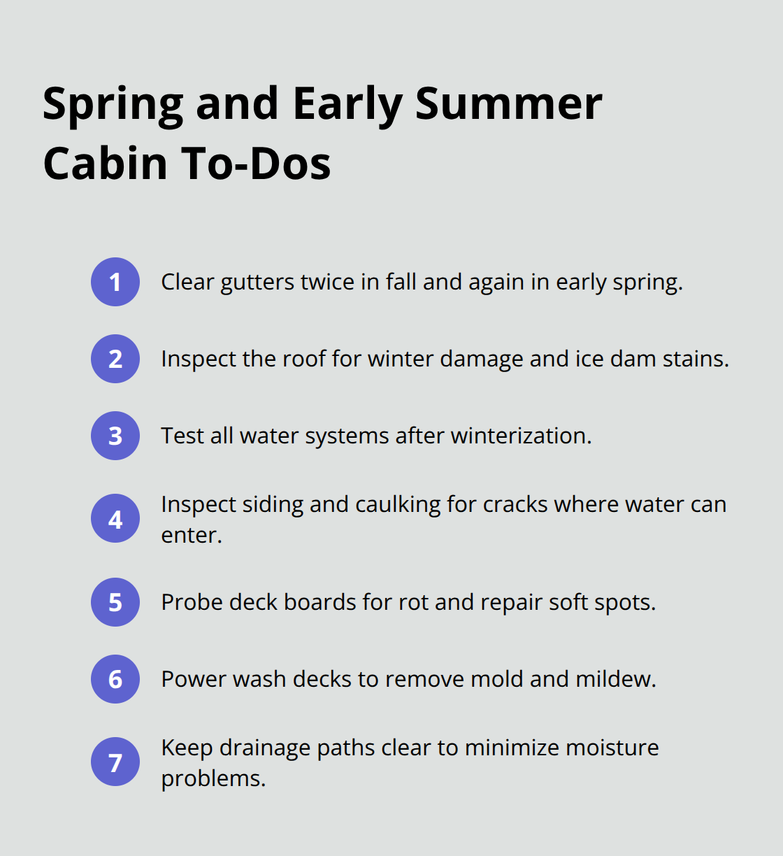 Compact checklist of priority spring and early summer tasks for Minnesota cabins.