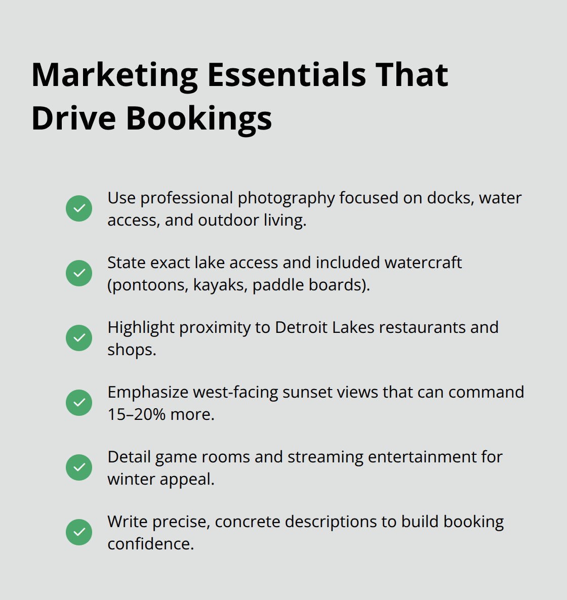 Checkmark list of listing must-haves and amenities that boost conversion and rates. - Detroit Lakes lakefront homes