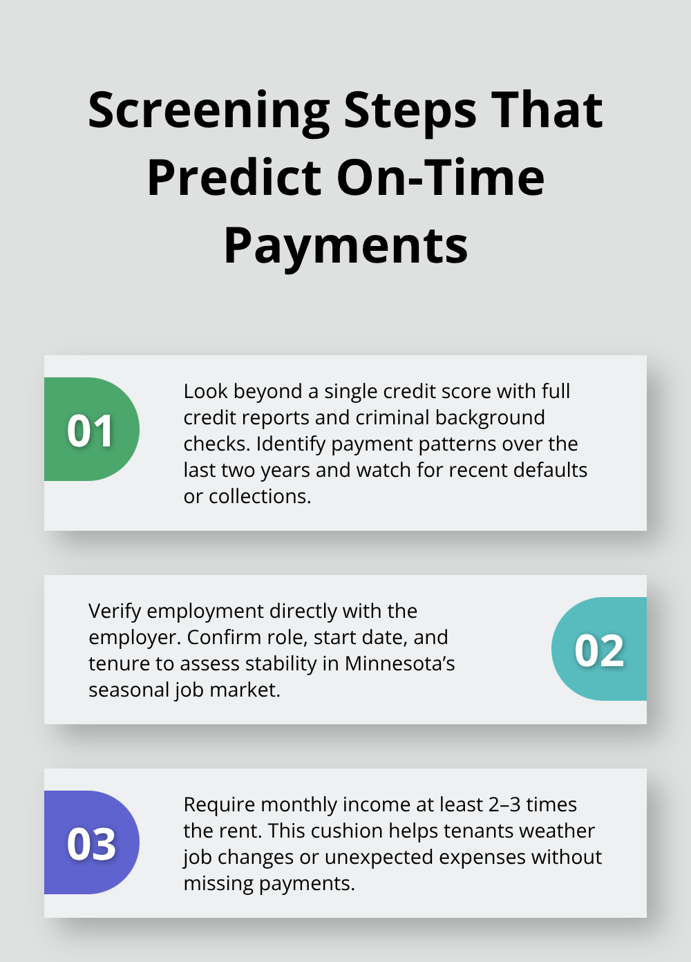 Three-step overview of effective tenant screening for Minnesota rentals.