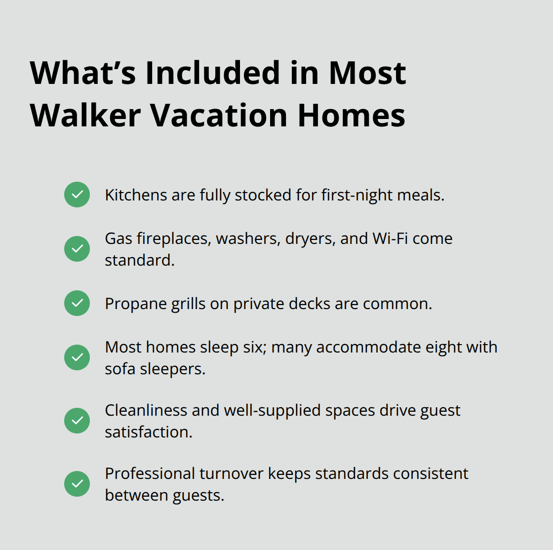 Checklist of common amenities and standards found in Walker, MN vacation homes - Walker Minnesota vacation homes
