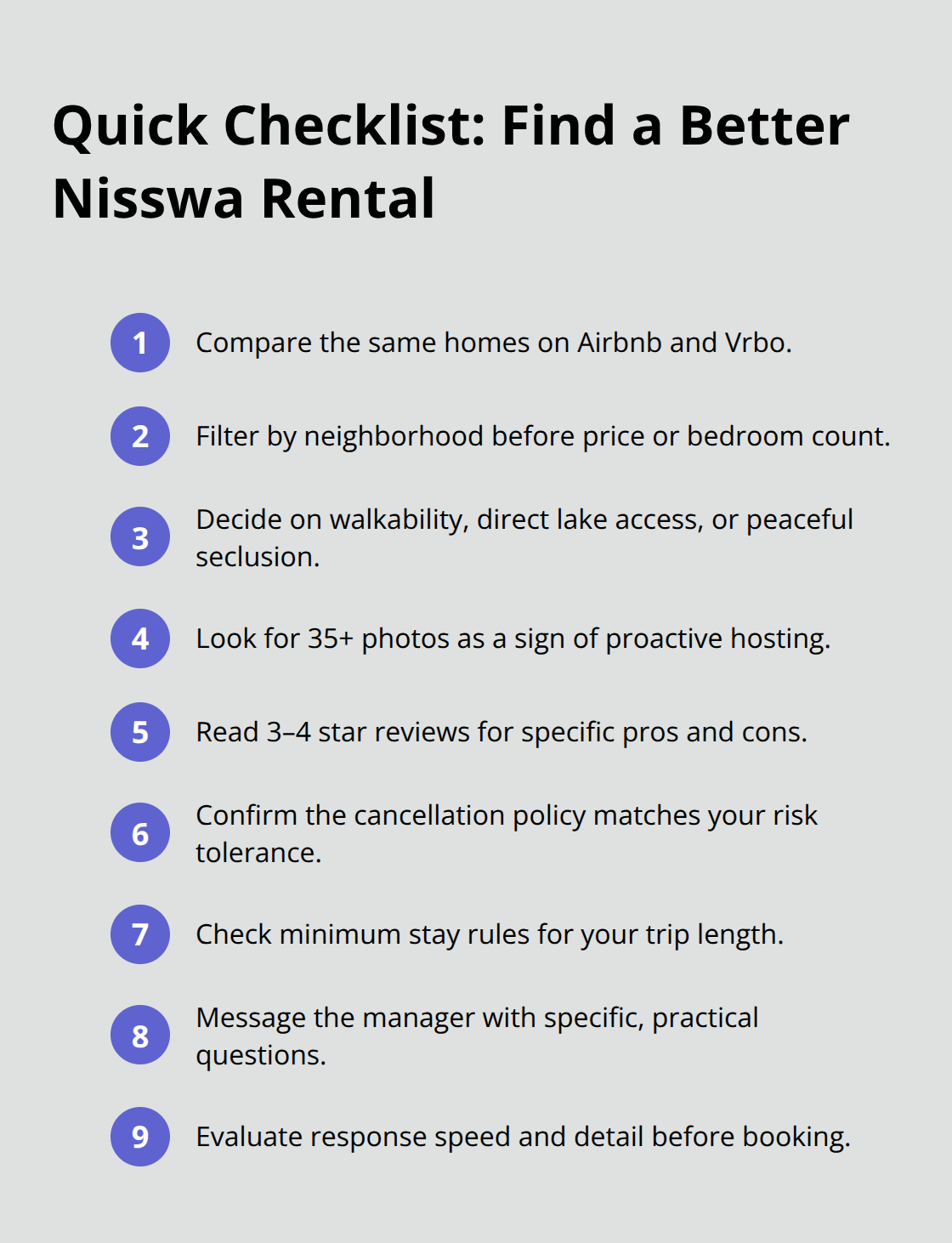 Compact checklist of steps to compare listings, vet photos and reviews, and message managers effectively. - nisswa vacation rental homes