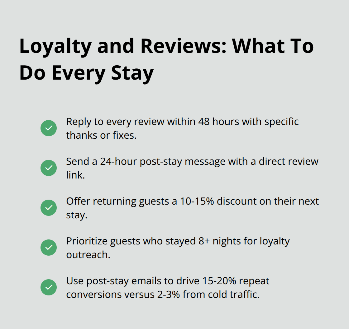 Checklist of actions to grow reviews, ratings, and repeat bookings for Minnesota vacation rentals.