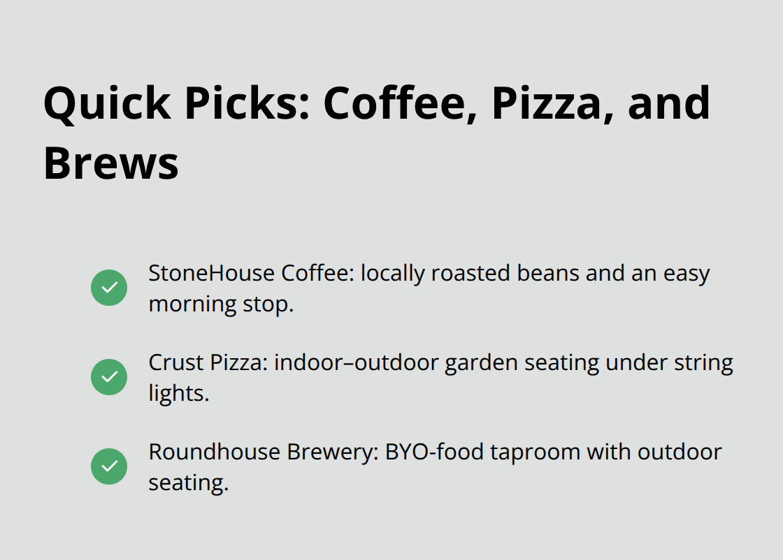 Checkmark list highlighting StoneHouse Coffee, Crust Pizza, and Roundhouse Brewery in Nisswa. - Niswa attractions guide
