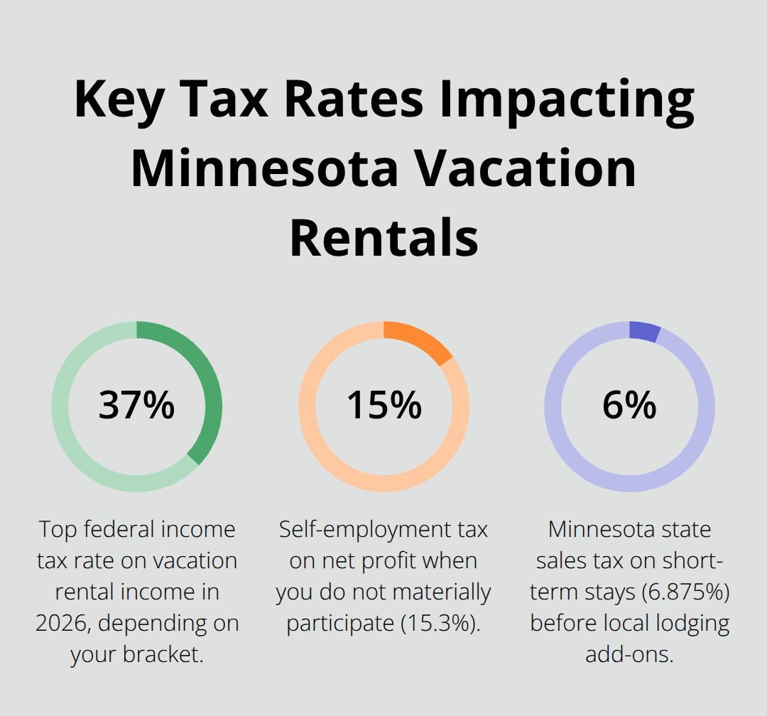 Infographic showing 37% federal income tax top rate, 15.3% self-employment tax, and 6.875% Minnesota state sales tax for short-term rentals.
