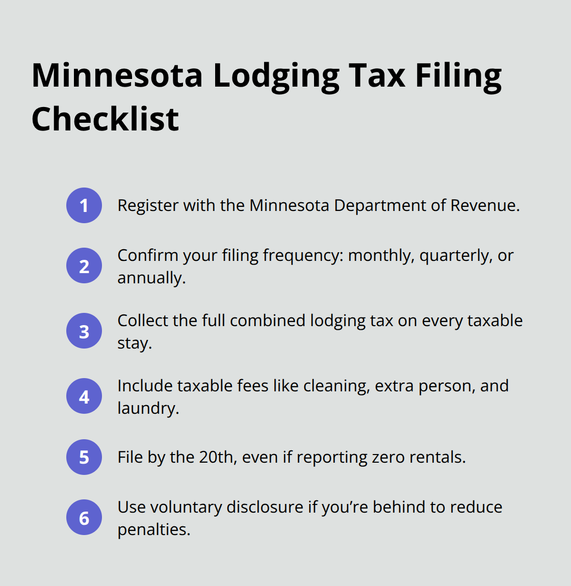 Compact checklist of key steps for filing Minnesota lodging taxes accurately and on time. - Vacation rental taxes Minnesota