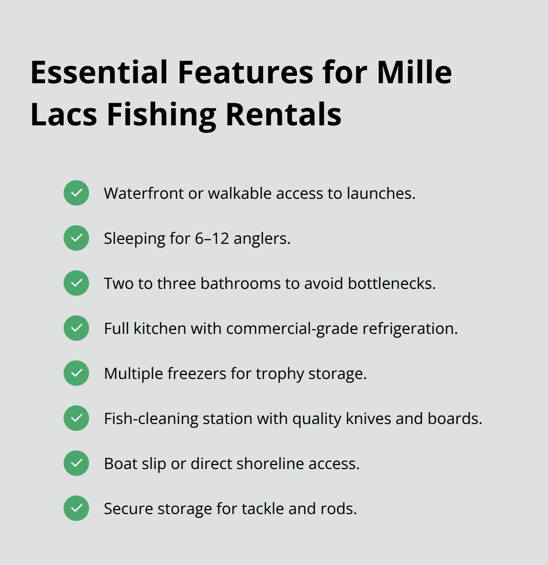 Checklist of must-have amenities for Mille Lacs fishing group rentals. - Mille Lacs fishing rentals