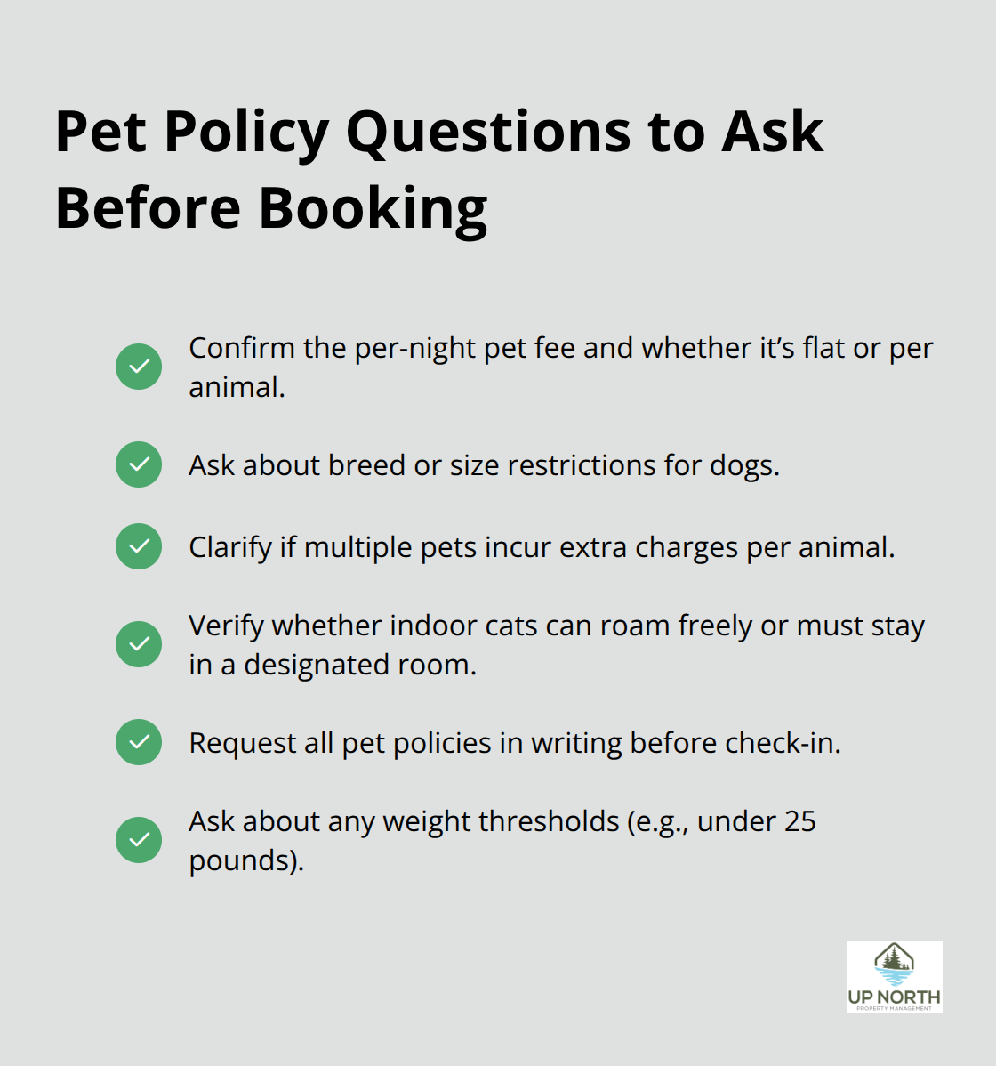 Checklist of key pet policy questions for lakeside cabin rentals. - Pet friendly lakeside cabins