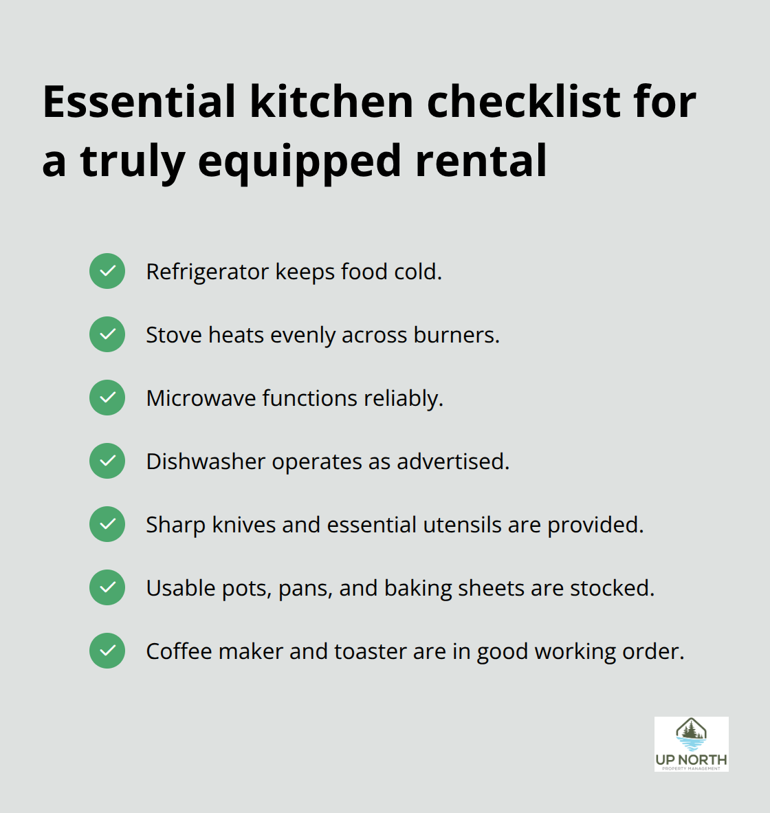 Checklist of core kitchen items guests expect to find working - Fully equipped vacation rentals